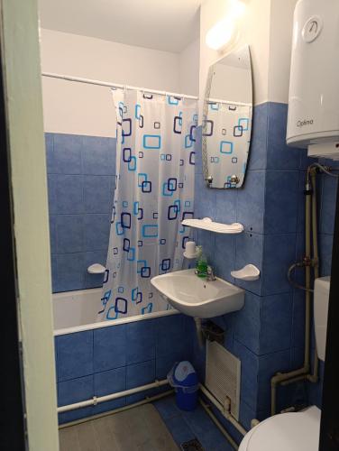a blue tiled bathroom with a sink and a mirror at Studio in Hunedoara