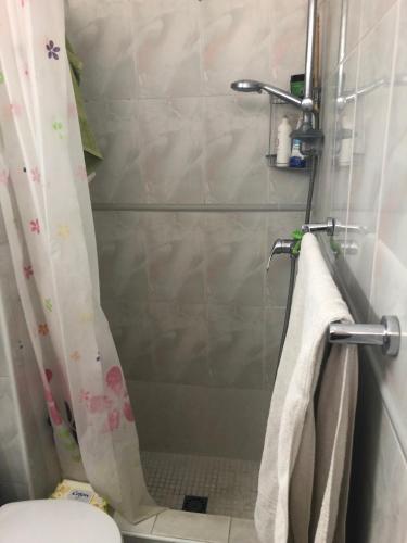 a bathroom with a shower curtain and a toilet at Edificio Comodoro in Los Cristianos