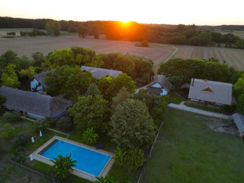 an aerial view of a home with a swimming pool in the yard at Reichelhausen Vendégház in Kiskunhalas
