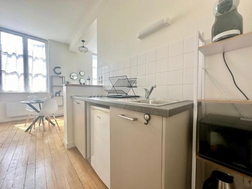 une cuisine avec un évier et une cuisinière four supérieur dans l'établissement Le Thémis, cosy et élégant, à Limoges