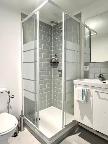 une salle de bain avec une douche, des toilettes et un lavabo dans l'établissement 732 Charmant studio en mezzanine proche du métro 9, à Bagnolet