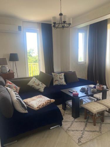 a living room with a couch and a table at Poti Apartment near National Park and Maltakva in Poti