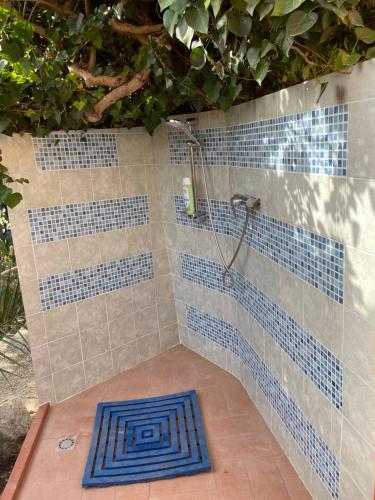 a bathroom with a shower with blue tiles at Villa Hibiscus Scopello in Scopello