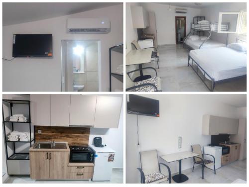 Cuatro imágenes de una habitación con cocina y dormitorio. en AlMa, en Asprovalta