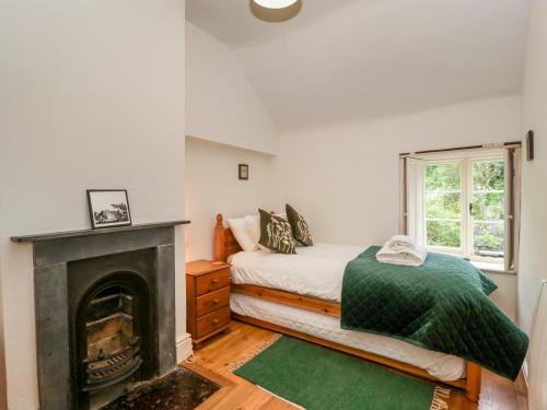 ein Schlafzimmer mit einem Kamin, einem Bett und einem Fenster in der Unterkunft Teacher's Cottage in Presteigne