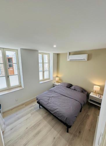 une chambre avec un lit et deux fenêtres dans l'établissement Le Petit Bourbonnais, à Moulins