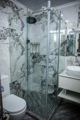 a bathroom with a shower with a toilet and a sink at Qadim Hotel in Samarkand
