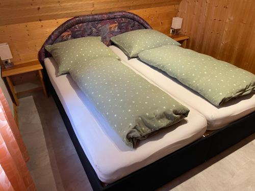 two twin beds with green pillows on them at Ferienwohnung mit Sonnenterrasse, Monteursunterkunft, Gästewohnung in Klipphausen