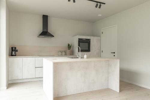 a white kitchen with a sink and a microwave at Vakantie aan de Maas - Vakantiewoning Leenhof in Kinrooi
