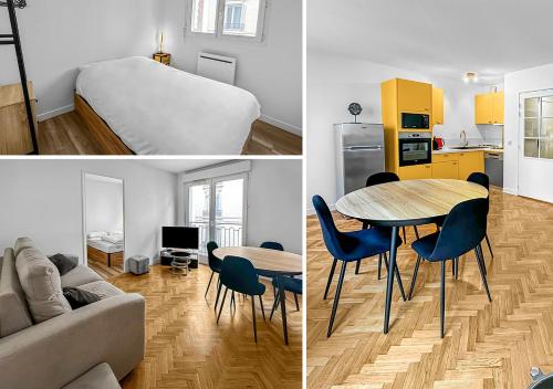 une chambre avec un lit, une table et une cuisine dans l'établissement Style et Tranquillité au Kremlin-Bicêtre, au Kremlin-Bicêtre