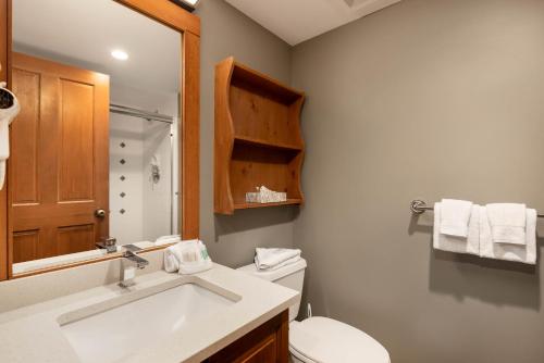 a bathroom with a sink and a toilet and a mirror at Horstman House by Whistler Premier in Whistler