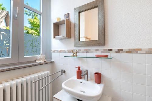 a bathroom with a sink and a mirror and a radiator at Sabine Proft in Ottersweier