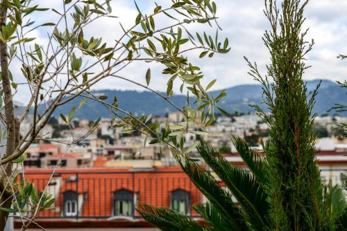 a view of a city from behind a tree at Hôtel & Appartements Monsigny in Nice
