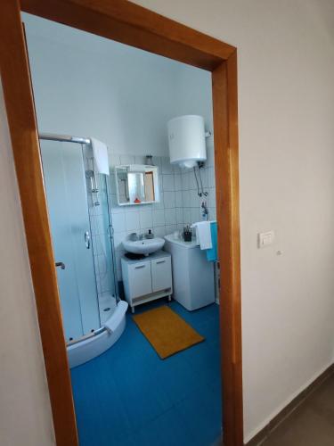 a bathroom with a toilet and a shower and a sink at Apartman Olic in Ražanac