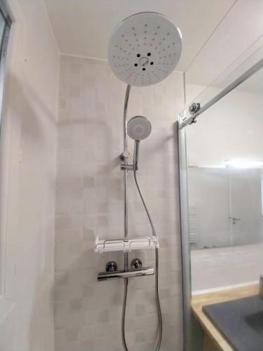 une douche avec pommeau de douche dans une salle de bain dans l'établissement Le Saint Jean - 2 chambres - centre ville, à Tarbes
