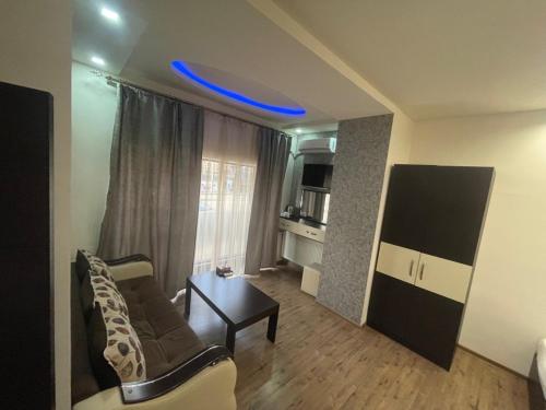 a living room with a couch and a blue frisbee at Hotel Premium Armenia in Yerevan