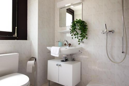 a bathroom with a sink and a toilet and a shower at La Castignola con vista lago di Lugano e giardino condiviso in Lugano