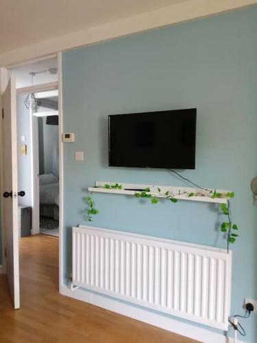 a living room with a flat screen tv on a wall at Location! 2 bed city centre with free parking in Belfast