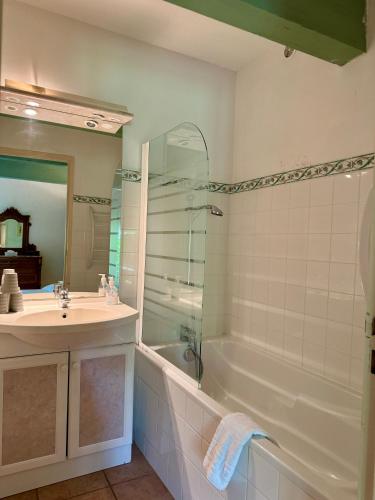 une salle de bain avec un lavabo, une baignoire et une douche dans l'établissement Mas du Grand Peloux, à Port-Saint-Louis-du-Rhône