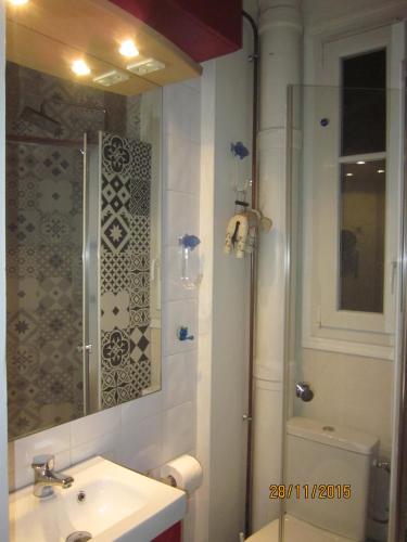 une salle de bain avec un lavabo, une douche et des toilettes dans l'établissement Bed and Breakfast Paris Centre, à Paris