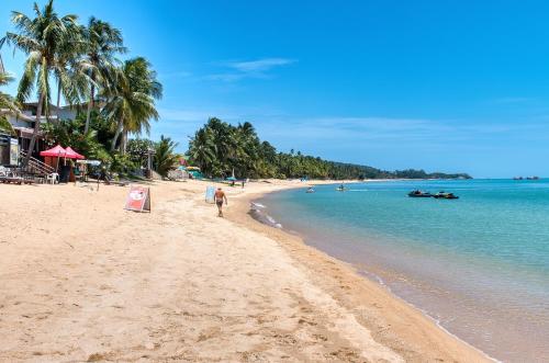 a sandy beach with palm trees and the ocean at Maenam Bungalow in Mae Nam