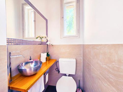 a bathroom with a bowl sink and a toilet at Václavkova Apartment in Mladá Boleslav