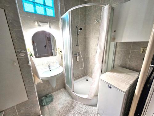 a bathroom with a shower and a sink and a toilet at Cozy Blue Apartment Prešov in Prešov