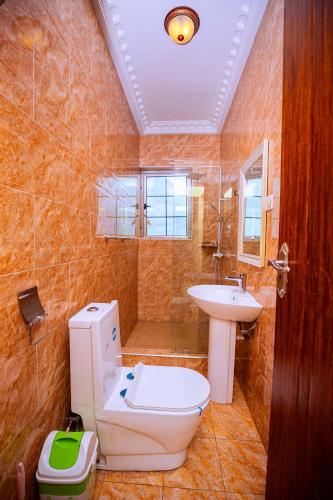 a bathroom with a toilet and a sink at Ibranad Apartments in Accra