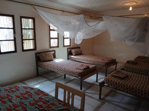 a room with two chairs and a table and windows at Auberge Triskell in Nouakchott