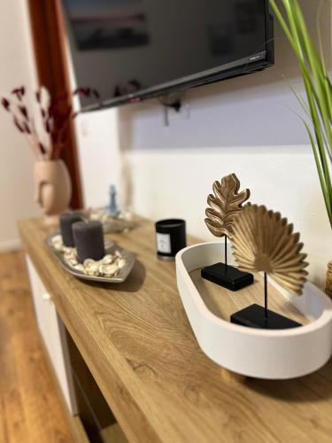 a wooden counter with two plants in a white bowl at Casa Blu Mare in Pula