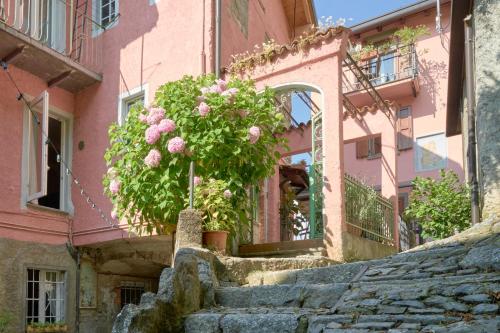 a pink building with a potted plant in front of it at Timeless Charm - A Window to Lake Como in Blevio