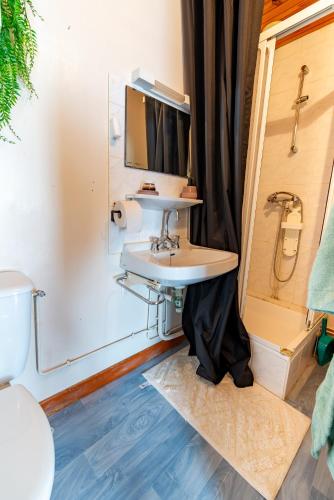 une salle de bain avec un lavabo et des toilettes dans l'établissement La Rosée - Studio Cosy à 50m des Thermes - Vue jardin, Wifi, Smart TV, à Bourbonne-les-Bains