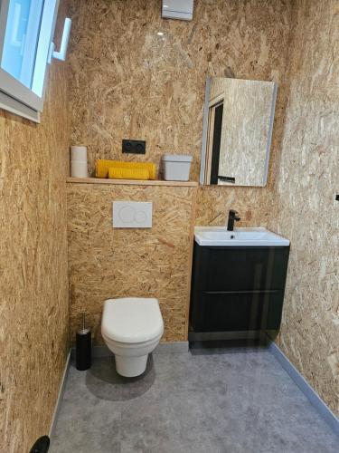 a bathroom with a toilet and a sink and a mirror at La Studette in Bénouville