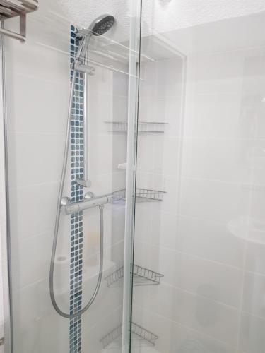 d'une douche avec une porte en verre et un pommeau de douche. dans l'établissement Eolh, à Gréoux-les-Bains