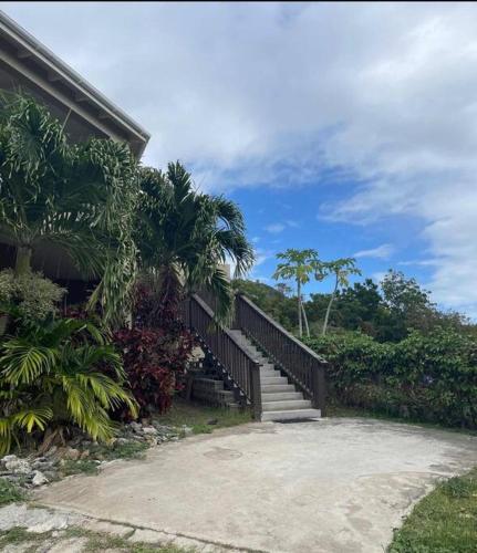 a stairway leading to a house with trees and bushes at Falmouth Sea View Loft in Falmouth