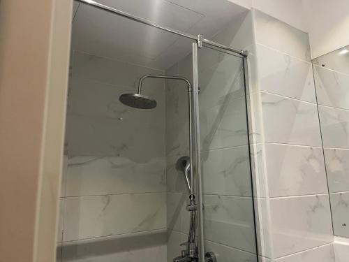 a shower with a glass door in a bathroom at Embassy Gardens Royal Suites Apartments in Accra