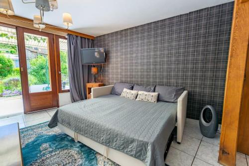 une chambre avec un lit et une télévision sur un mur dans l'établissement La Rosée - 2 pièces familial, jardin privatif, à Bourbonne-les-Bains