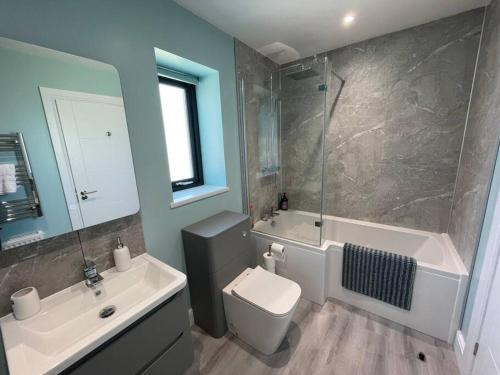 a bathroom with a sink and a toilet and a shower at Ash Mill - Dornoch in Dornoch