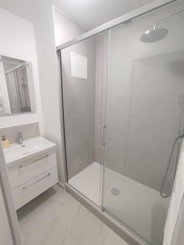 une salle de bain avec une douche en verre et un lavabo dans l'établissement Apparemment familial, Évry-Courcouronnes