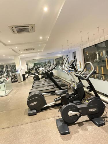 a gym with a row of treadmills and machines at Embassy Gardens Royal Suites Apartments in Accra