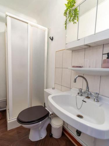 une salle de bain blanche avec des toilettes et un lavabo dans l'établissement La Rosée - Studio Bali - Wifi, Smart TV, à Bourbonne-les-Bains