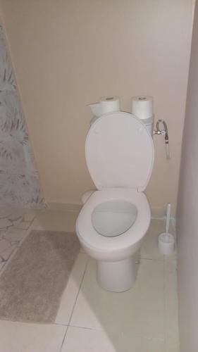a bathroom with a white toilet in a room at bungalow ti dauphin rdc in Sainte-Anne