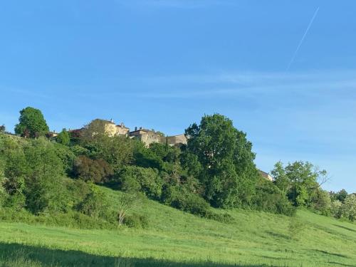 a green hill with houses on top of it at Au Cœur de GENSAC, village de charme dominant la Dordogne in Gensac