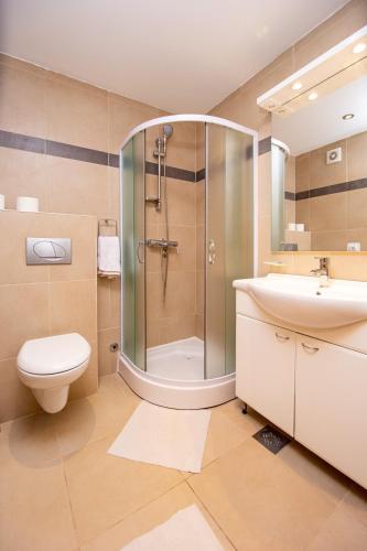 a bathroom with a shower and a toilet and a sink at Blue Horison Apartments by In Property in Pržno