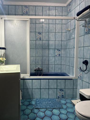 ミハスにあるCasa San Antonioの青いタイル張りのバスルーム(バスタブ、トイレ付)