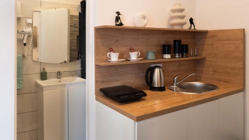 a bathroom with a sink and a mirror and a counter at Guest House Time Out in Sarajevo