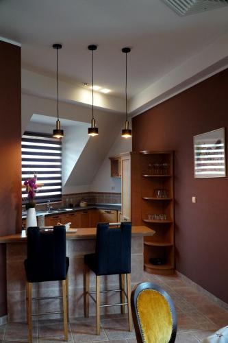 Una cocina con una mesa y sillas de madera. en Marija centar 4, en Srbobran