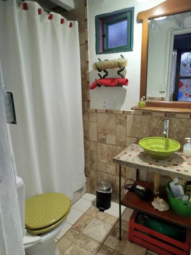 a bathroom with a shower curtain and a sink at Kiritina´s House Homestay in El Calafate