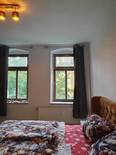 a bedroom with a bed and two windows at Chemnitz - Home Sweet Home in Chemnitz