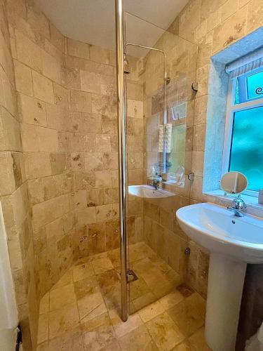a bathroom with a sink and a shower at Top Barn Wales in Monmouth